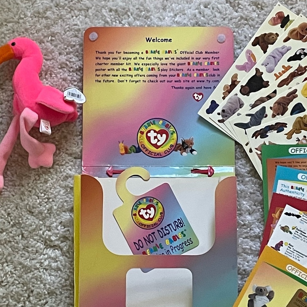 Beanie babies. OfficialMembership club. Stickers and certificates.With Flamingo